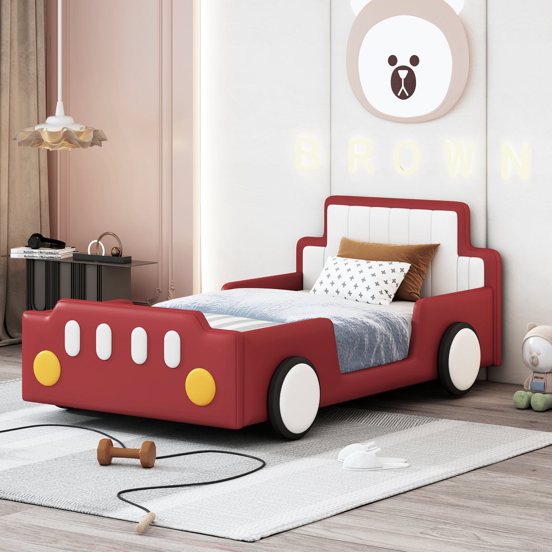 Twin Size Race Car Shaped Platform Bed With Wheels,Red Twin Red Pu Leather