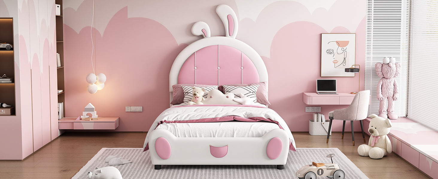 Twin Size Upholstered Platform Bed With Rabbit Shaped Headboard, White Box Spring Not Required Twin White Pink Wood Bedroom Bed Frame Faux Leather Upholstered