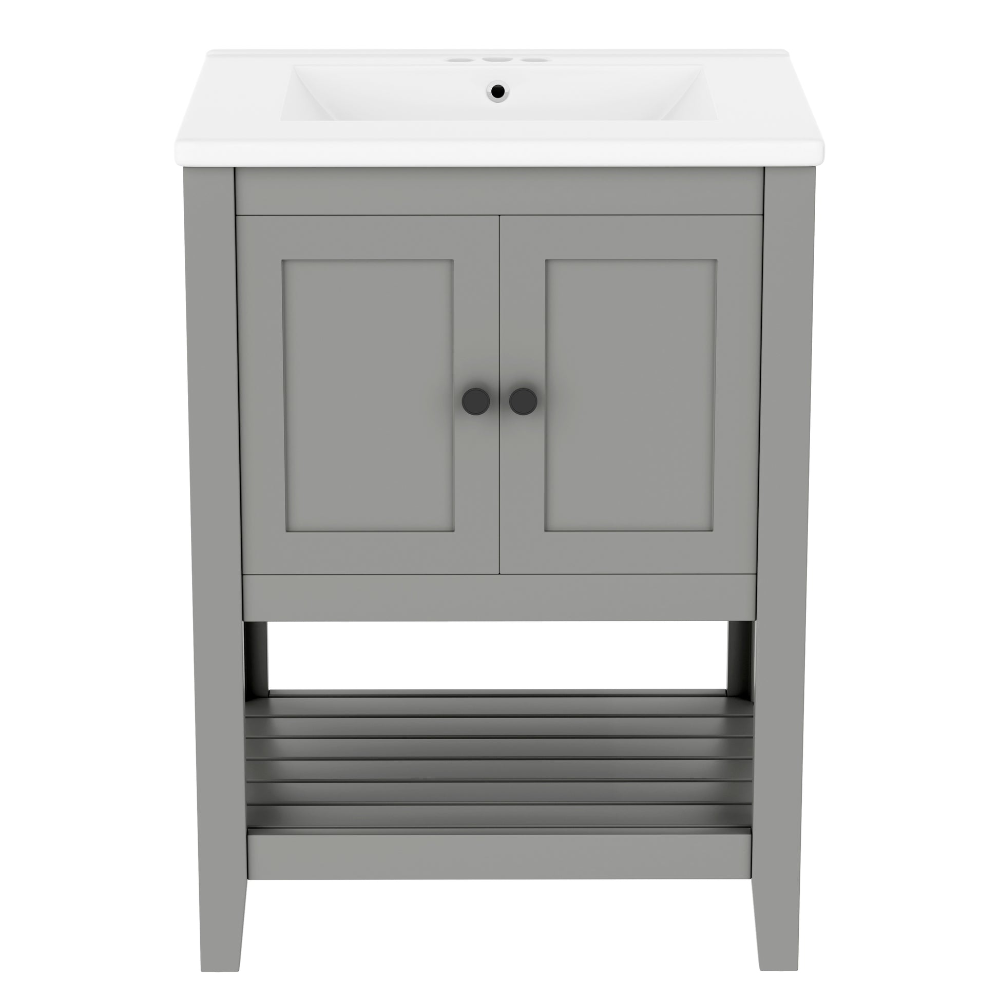 Video 24" Grey Modern Sleek Bathroom Vanity Elegant Ceramic Sink With Solid Wood Frame Open Style Shelf Grey Solid Wood