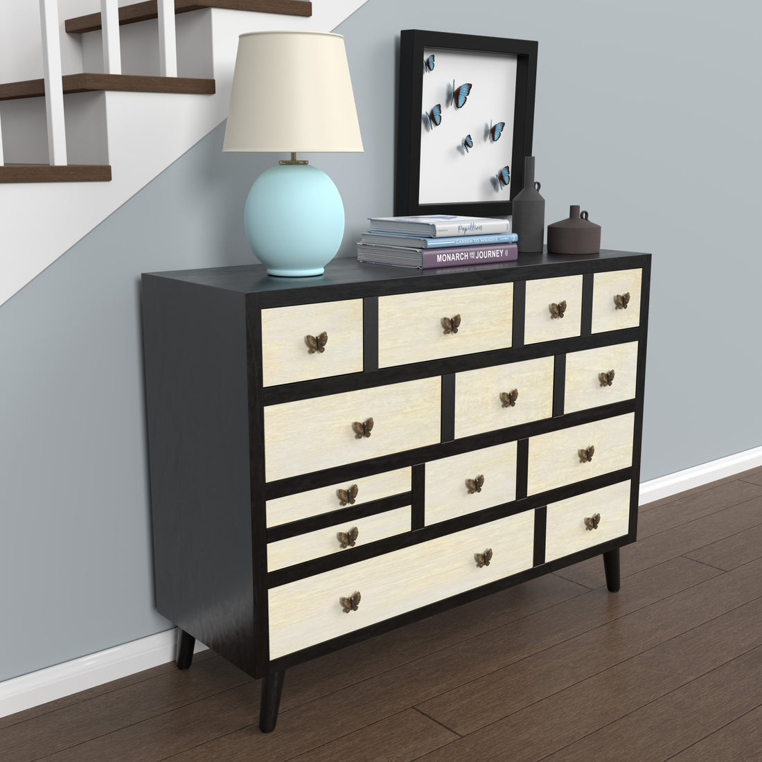 Papillon 13 Drawers Sideboard Black Black Wood