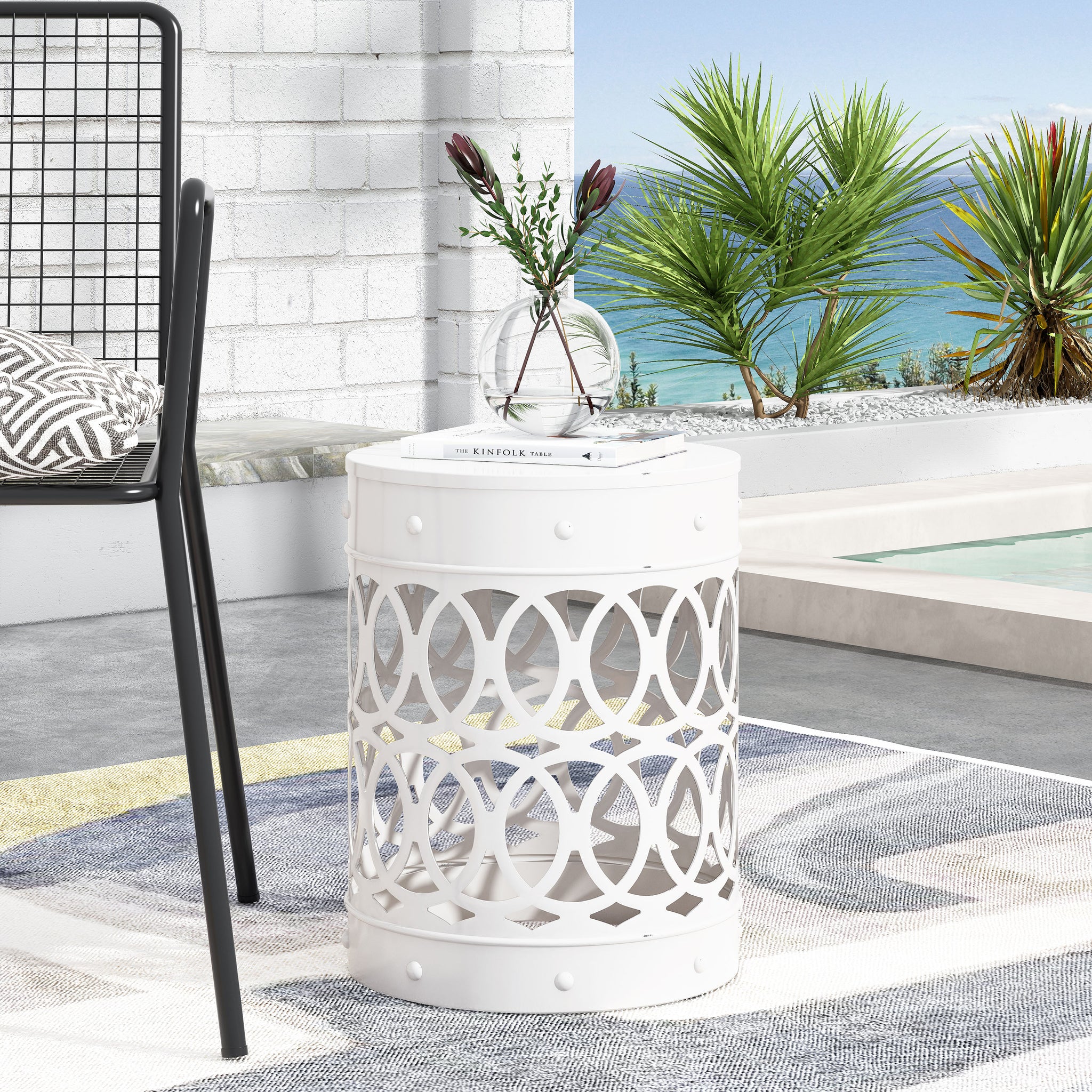 Outdoor Metal End Table Large White Iron