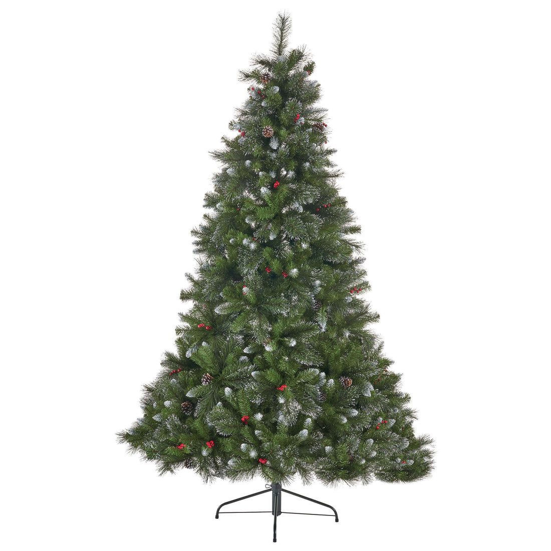 9' Glitter Bristle Mixed Hinged Tree With 72 Red Berry And 73 Pine Cones And 2099 Tips,Dia:66 Green Pvc