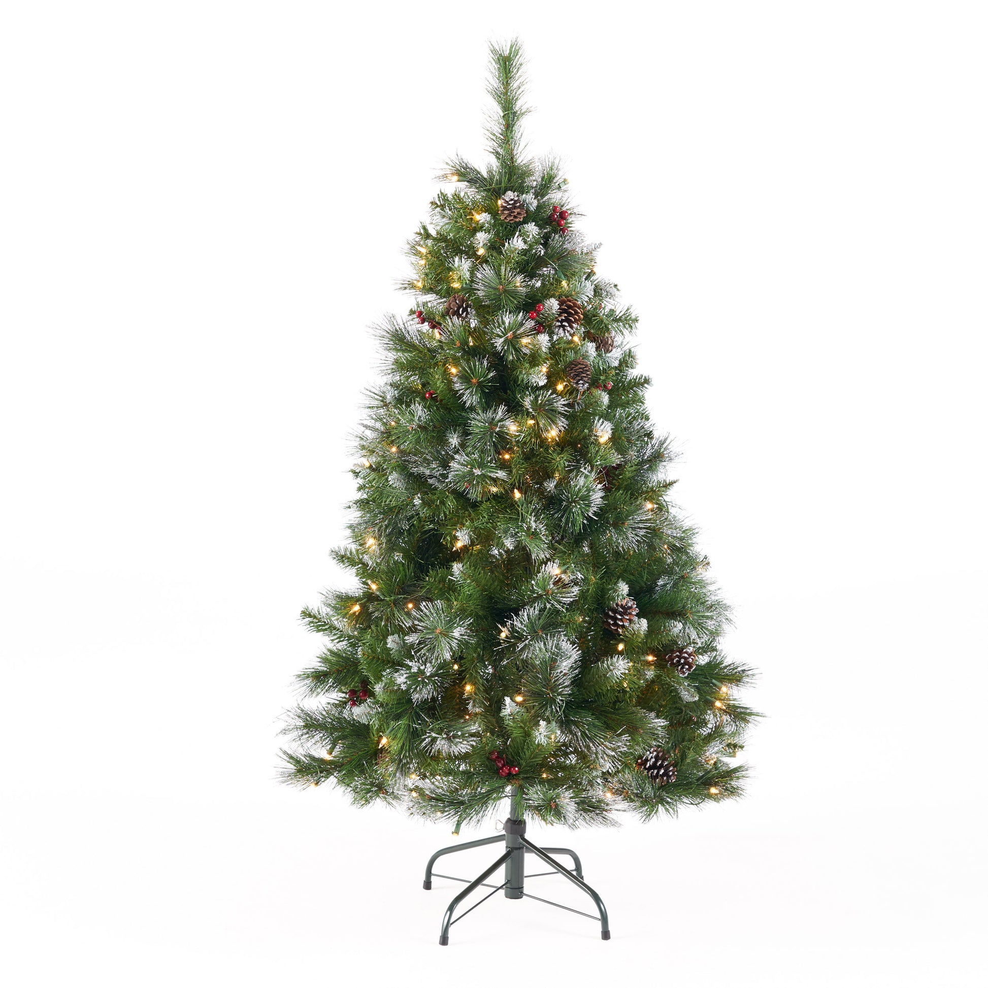 4.5 'Glitter Bristle Mixed Hinged Tree With Red Berry And Pine Cones And 200 Cl,407 Tips Green Pvc