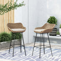 Outdoor 29.25'' Wicker And Iron Barstool With Cushion Set Of 2 Light Brown Garden & Outdoor Pe Rattan Iron Waterproof Fabric