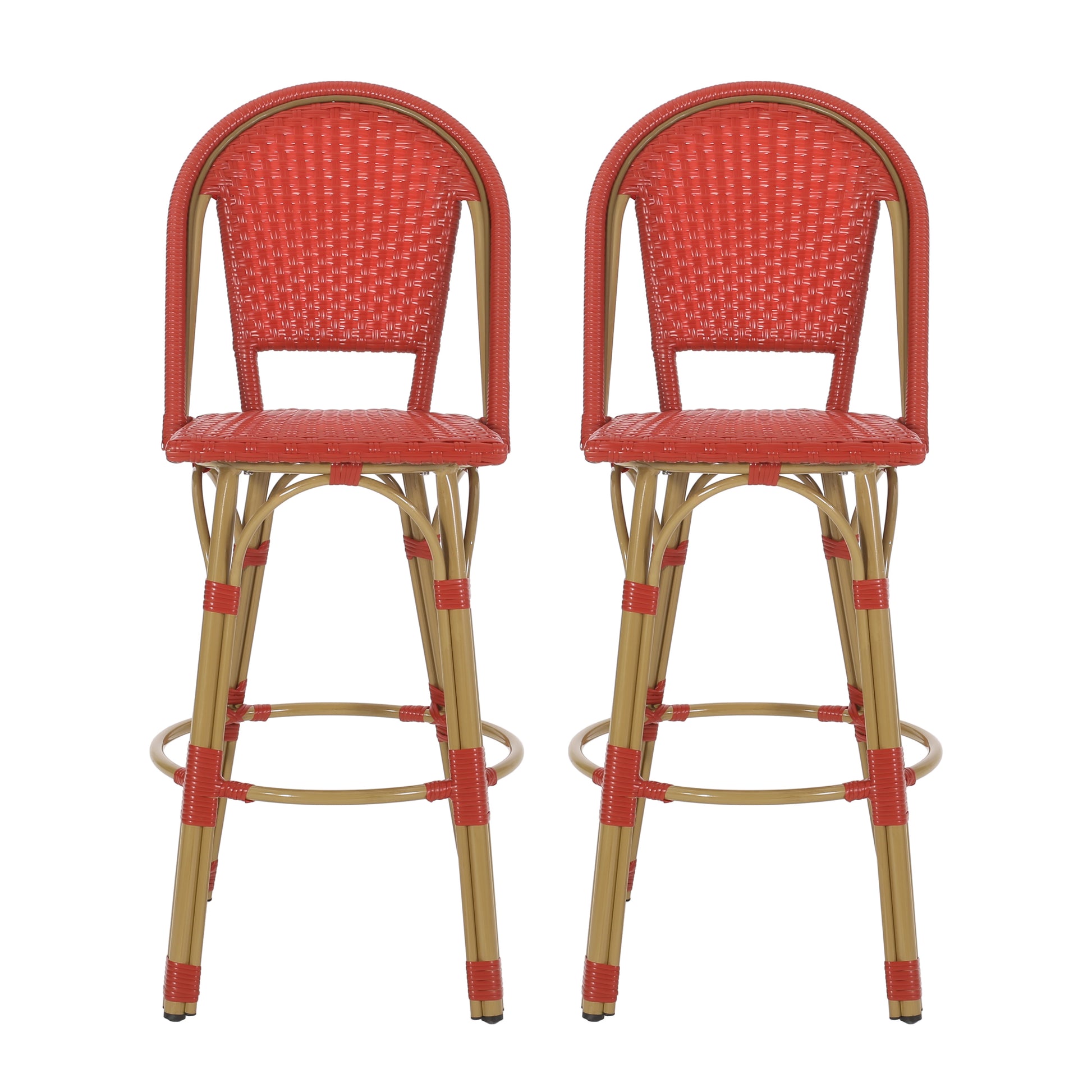 29.5" Outdoor Pe Rattan And Aluminum French Barstools, Set Of 2, Red And Bamboo Finish No Red Rust Resistant Frame Garden & Outdoor French 2 Person Seating Group Aluminum,Wicker