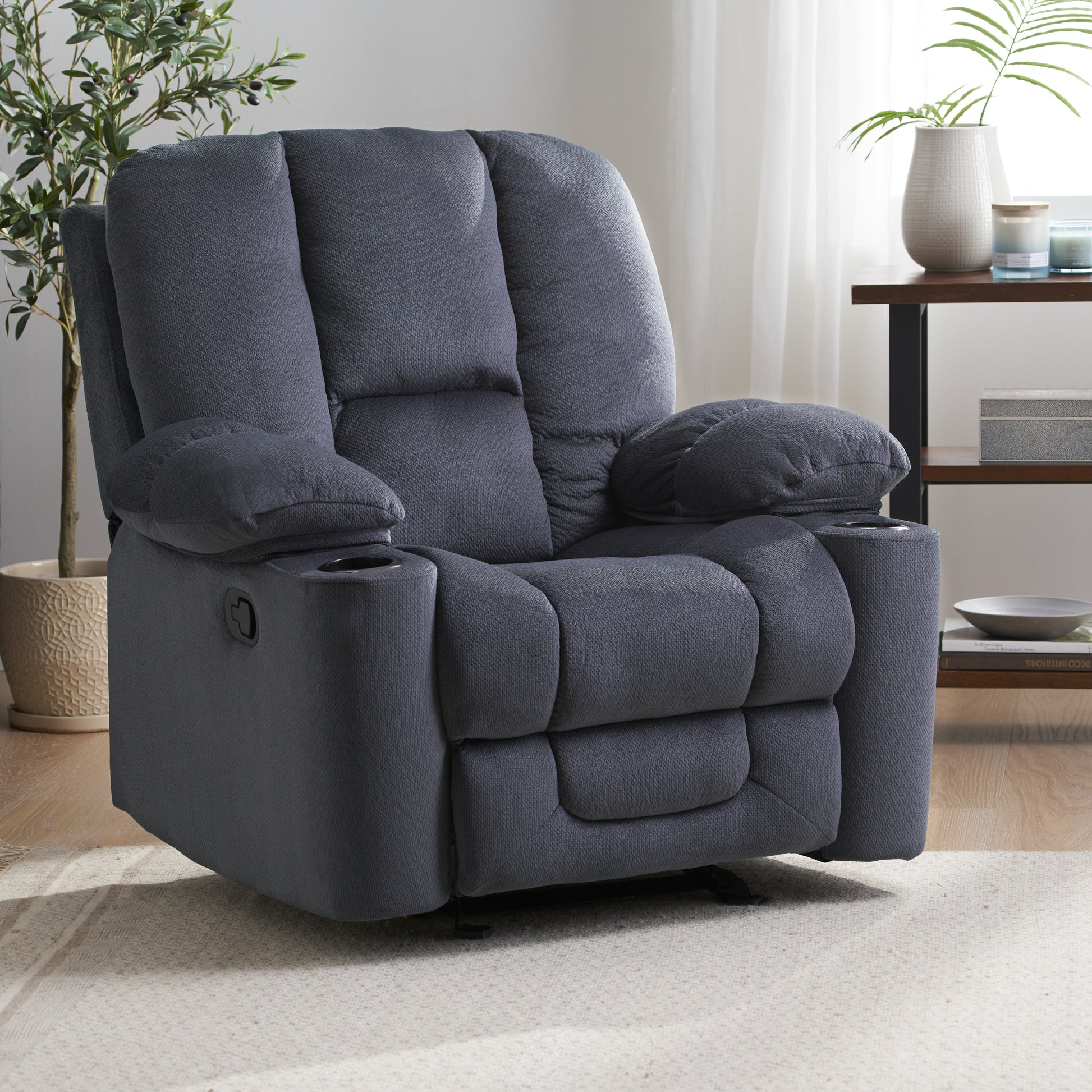 Luxurious Manual Recliner Chair In Silver With Skin Friendly Fabric And Dual Cup Holders Silver Fabric