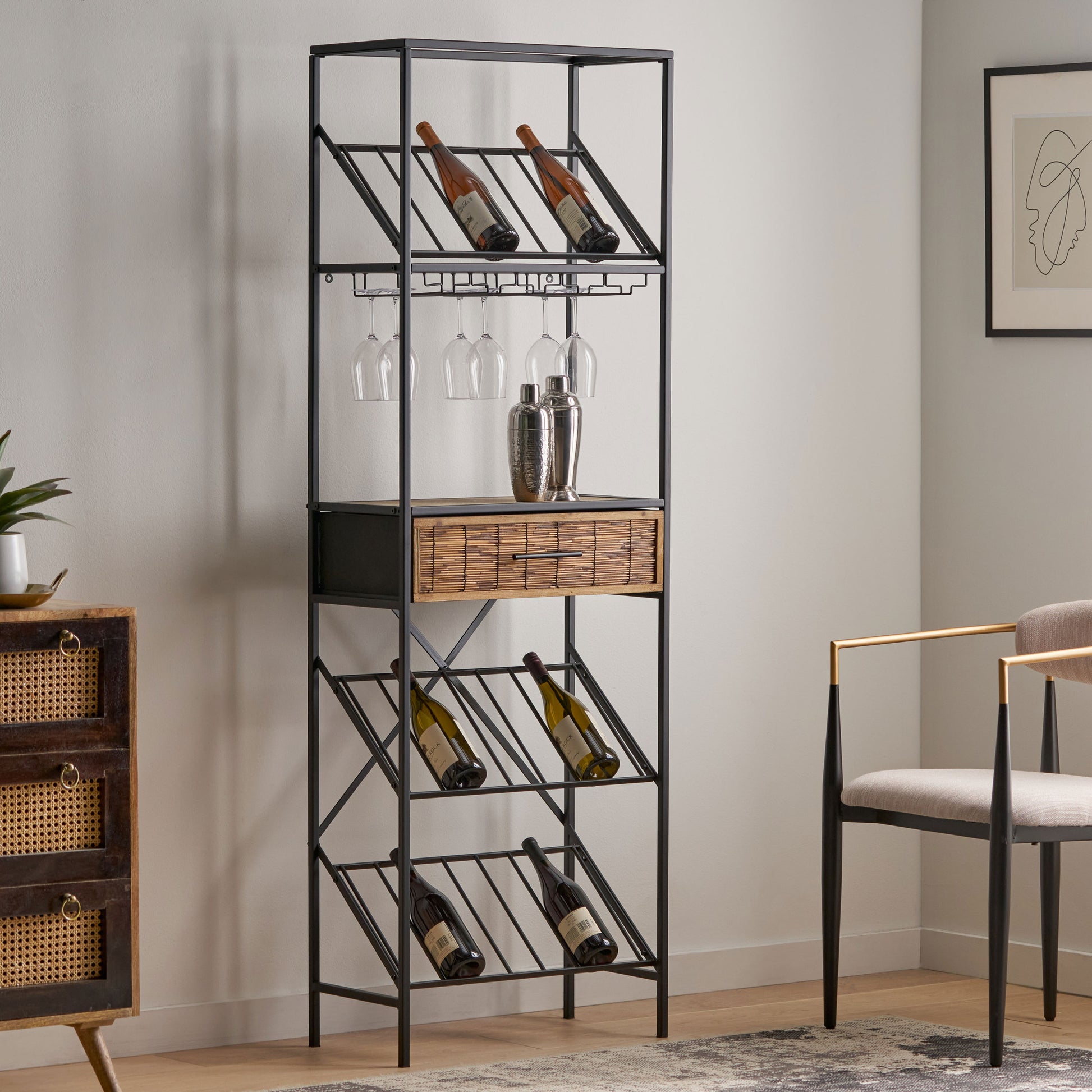 Wine Rack Black Natural Mdf Metal