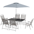 Outsunny 8 Piece Patio Dining Set With Table Umbrella, 6 Folding Chairs And Rectangle Dining Table, Outdoor Patio Furniture Set, Gray Grey Metal