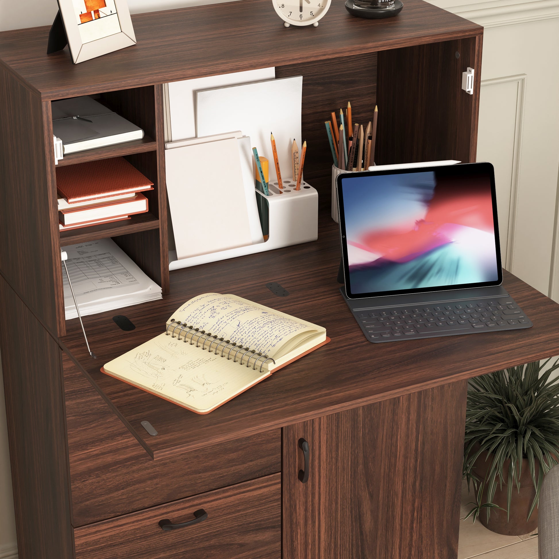 Desk Cabinet, With Storage Drawer & Shelves, Fold Up Desktop, Ideal For Home, Office, Dormitory, Small Spaces W31.49"Xd13.78"Xh47.2" Walnut Particle Board