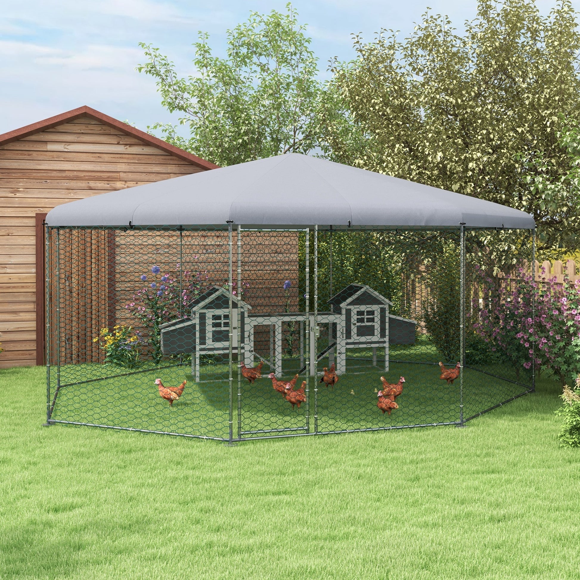 Pawhut Large Metal Chicken Coop Chicken Run For Chicken, Ducks And Rabbits With Waterproof And Anti Uv Cover, Walk In Poultry Cage Hen House For Outdoor And Yard Farm Use, 17' X 15.7' X 9' Silver Steel