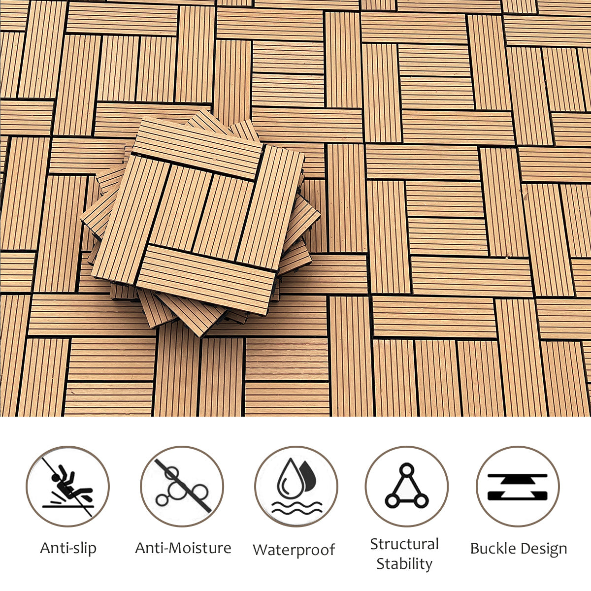 Wood Plastic Composite Deck Tiles Set Of 20Pcs, Composite Decking Resist Rust, Patio Flooring Outdoor Waterproof, Floor Tiles For Balcony, Backyard, Indoor And Outdoor Use, 12X12In Wood Color Wood Modern Plastic Wood Plastic