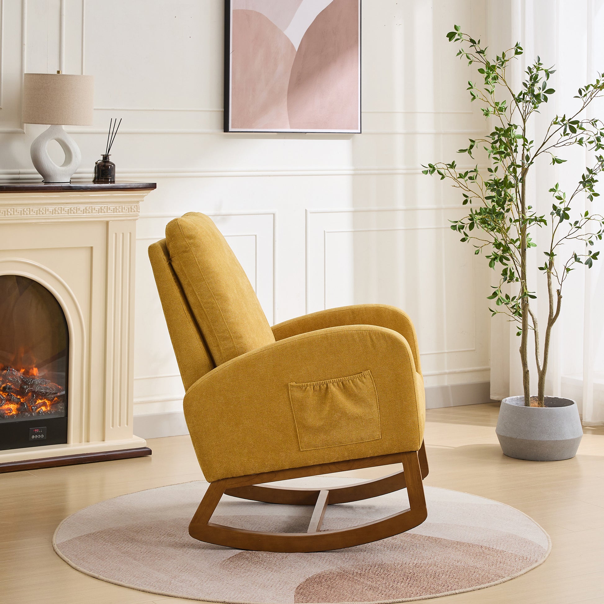 27.2"W Rocking Chair For Nursery, Polyester Glider Chair With High Back And Side Pocket, Rocking Accent Armchair With Rubber Wood Legs For Living Room Bedroom.Mustard Mustard Polyester