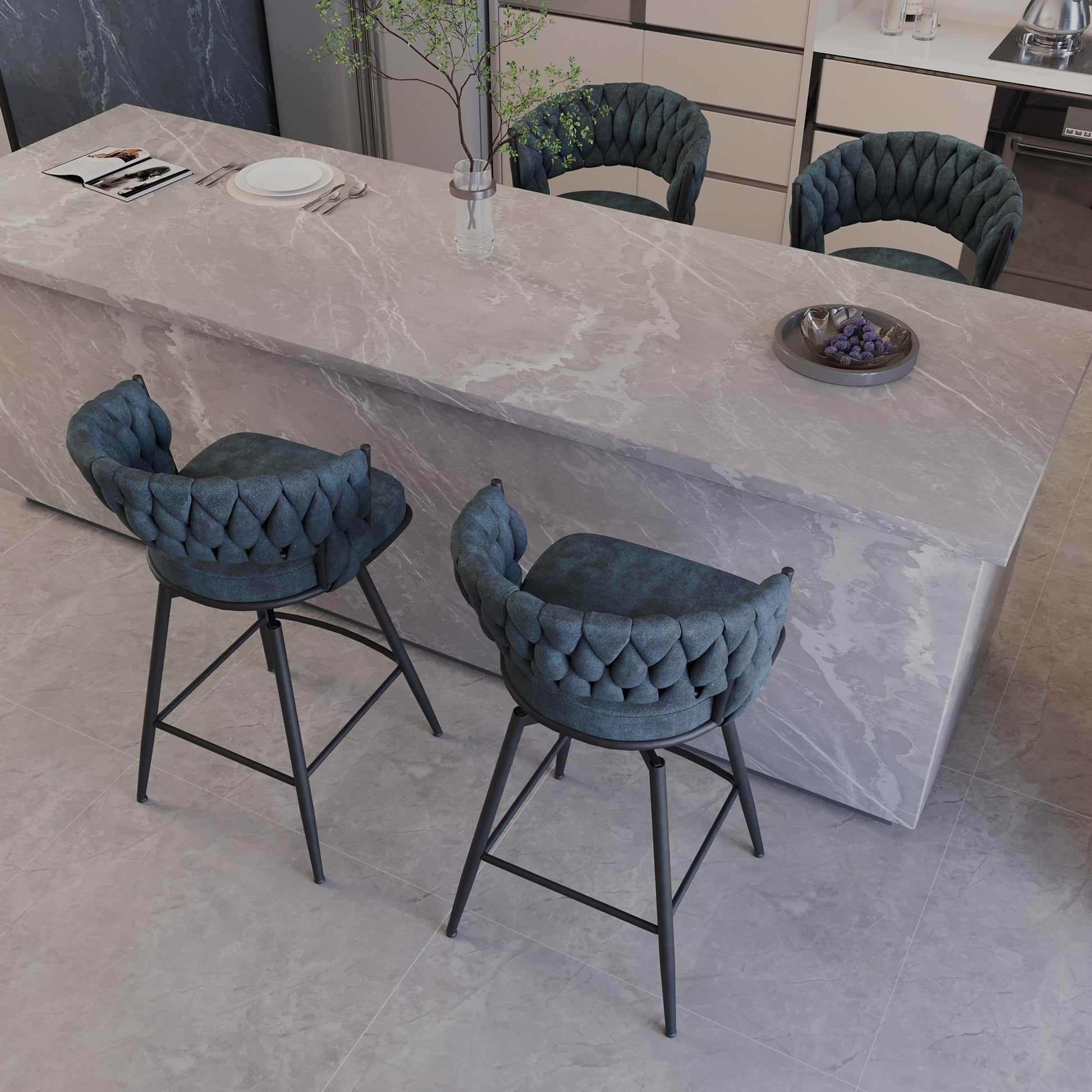 Bar Chair Suede Woven Bar Stool Set Of 4,Black Legs Barstools No Adjustable Kitchen Island Chairs,360 Swivel Bar Stools Upholstered Bar Chair Counter Stool Arm Chairs With Back Footrest, Blue Metal Blue Kitchen Dining Chairs Foam Technical Leather