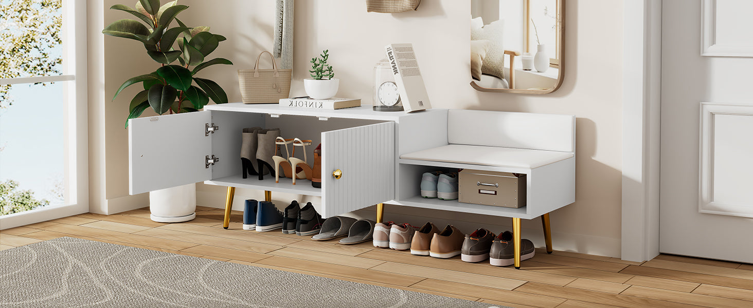 Modern Shoe Storage Bench With Hidden Storage And Upholstered Cushions For Bedside, Living Room And Entryway White White Mdf Metal