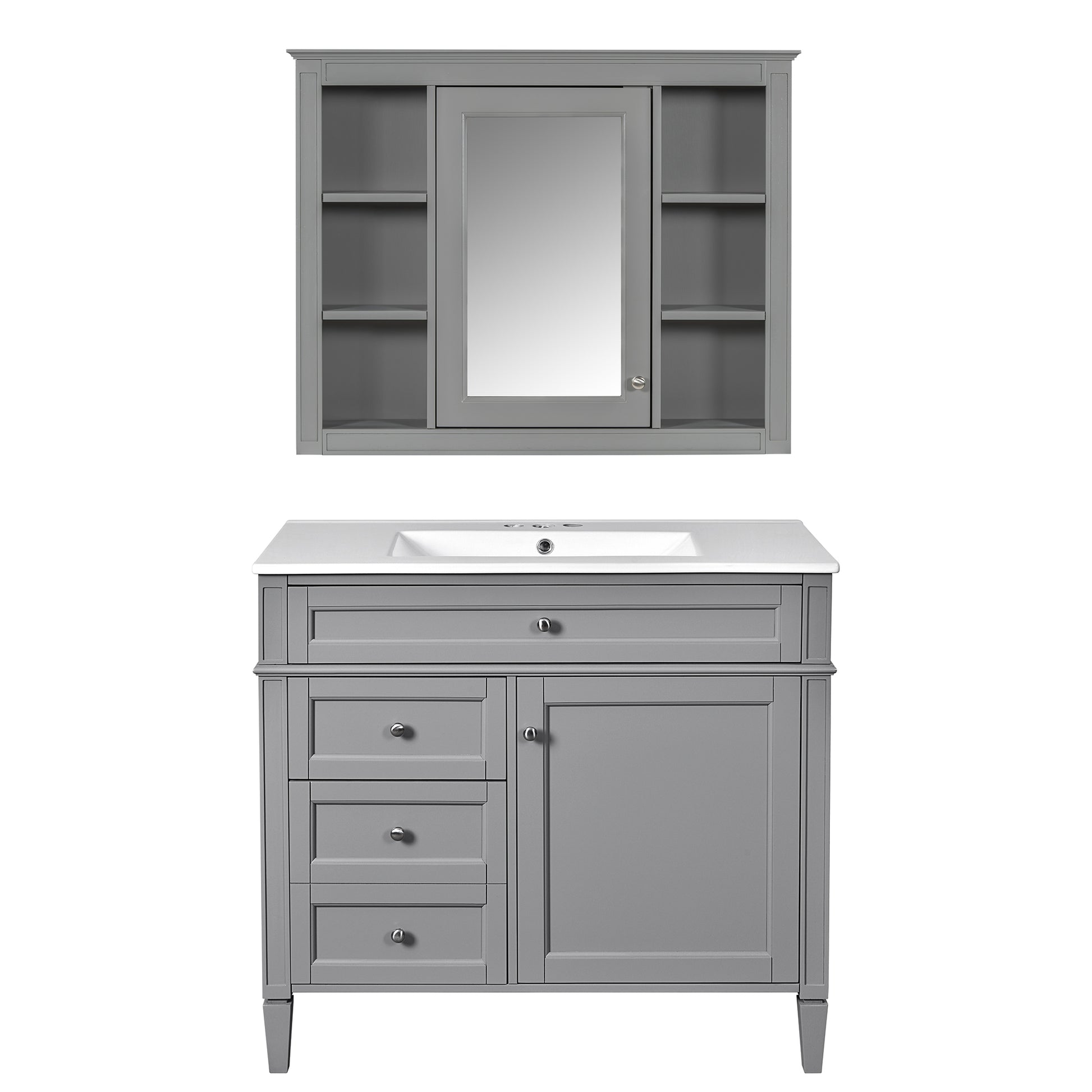 36'' Bathroom Vanity With Medicine Cabinet, Modern Bathroom Storage Cabinet With 2 Soft Closing Doors And 4 Drawers, Single Sink Bathroom Vanity Grey Bathroom Ceramic,Solid Wood Mdf