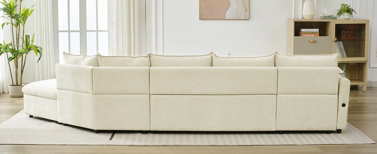 146.9" L Shaped Sofa Sectional Sofa Couch Pull Out Sofa Bed With A Movable Storage Ottoman, A Storage Chaise Lounge And Two Usb Ports For Living Room, Beige Beige Foam Linen 5 Seat