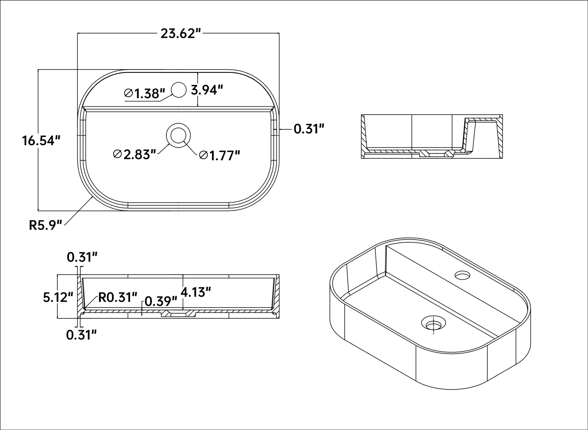 Solid Surface Basin Matte White Contemporary Solid Surface