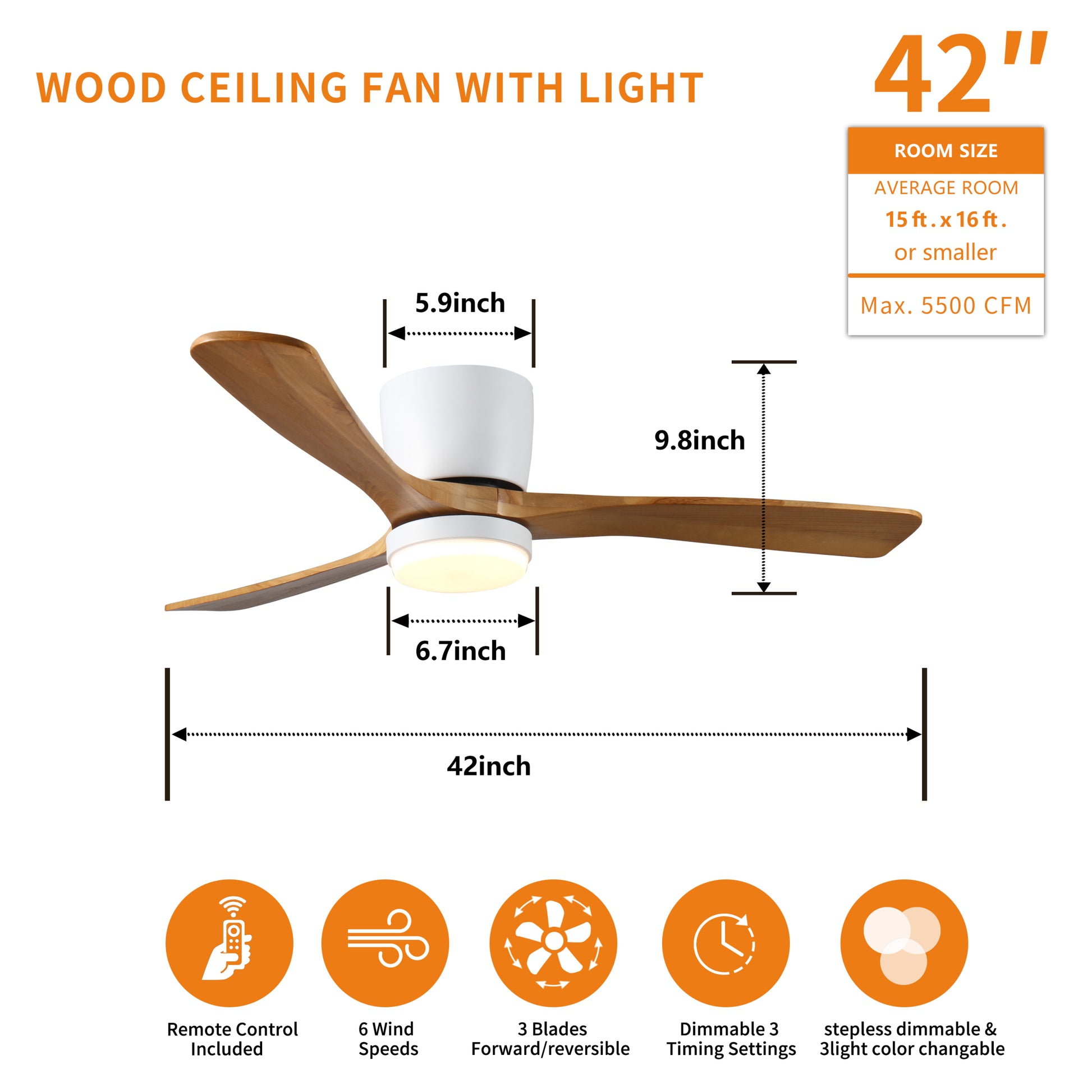 42 Inch Wood Ceiling Fans With Lights And Remote, Modern Flush Mount Low Profile Ceiling Fan With Light, 6 Speed, Reversible Dc Motor, For Bedroom Outdoor Farmhouse Patios Wood Classic Wood Metal