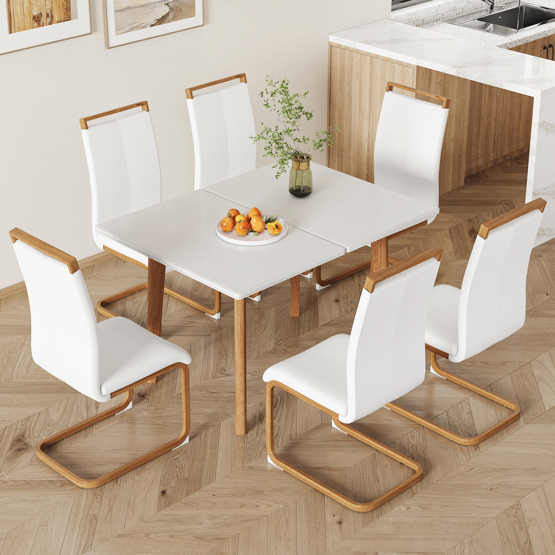 Table And Chair Set. White Sintered Stone Table Top With Rubberwood Legs, Foldable Computer Desk, Foldable Desk, 6 Modern Pu Leather High Cushion Side Chairs With Wood Grain Metal Legs. White Seats 6 Sintered Stone