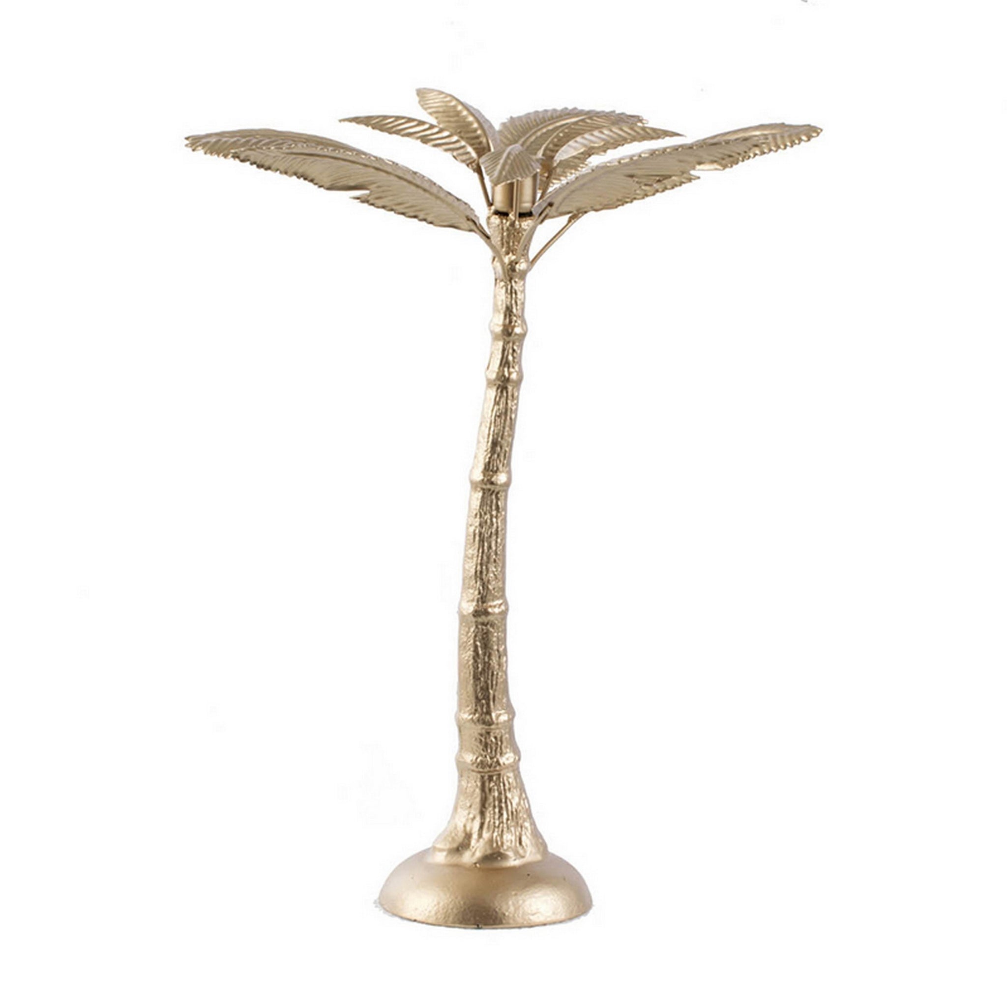 16 Inch Tall Artisan Candle Holder Inspired By A Palm Tree, Iron, Gold Gold Iron