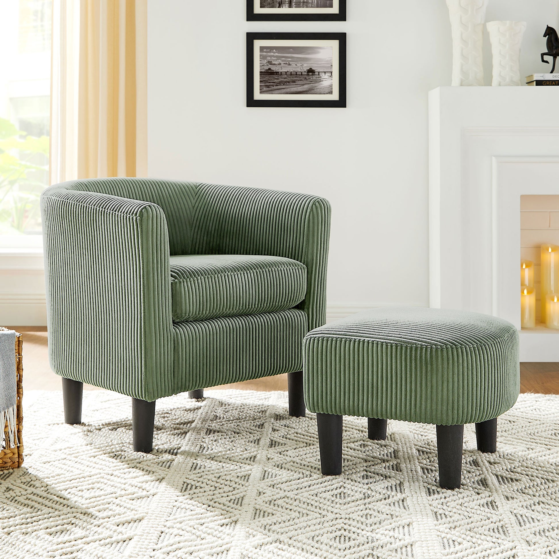 Modern Accent Chair,Upholstered Arm Chair Corduroy Single Sofa Chair With Ottoman Foot Rest Comfy Armchair For Living Room Bedroom And Office,Green Green Corduroy