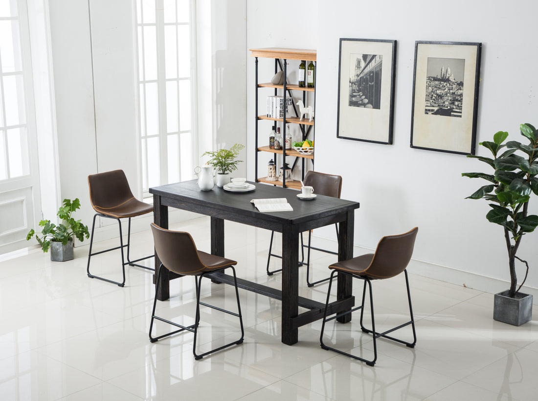 Bronco Antique Wood Finished Counter Height Dining Set: Table And Four Chairs, Brown Wood Dining Room Fixed Table Rubberwood Rectangular Dining Table With Chair Metal Wood Black Seats 4 60 Inches Rectangular 4 Leg Metal & Wood
