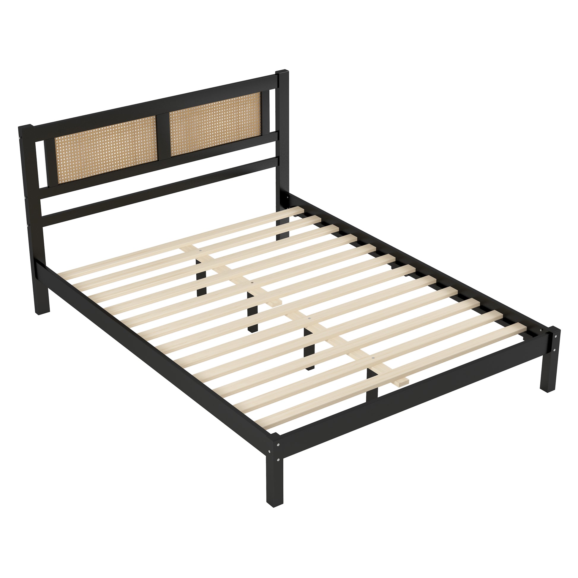 3 Pieces Bedroom Sets Queen Size Wooden Platform Bed With Natural Rattan Headboard, Nightstands Set Of 2 With Rattan Woven Surfaces And Three Drawers For Bedroom, Black Black Particle Board