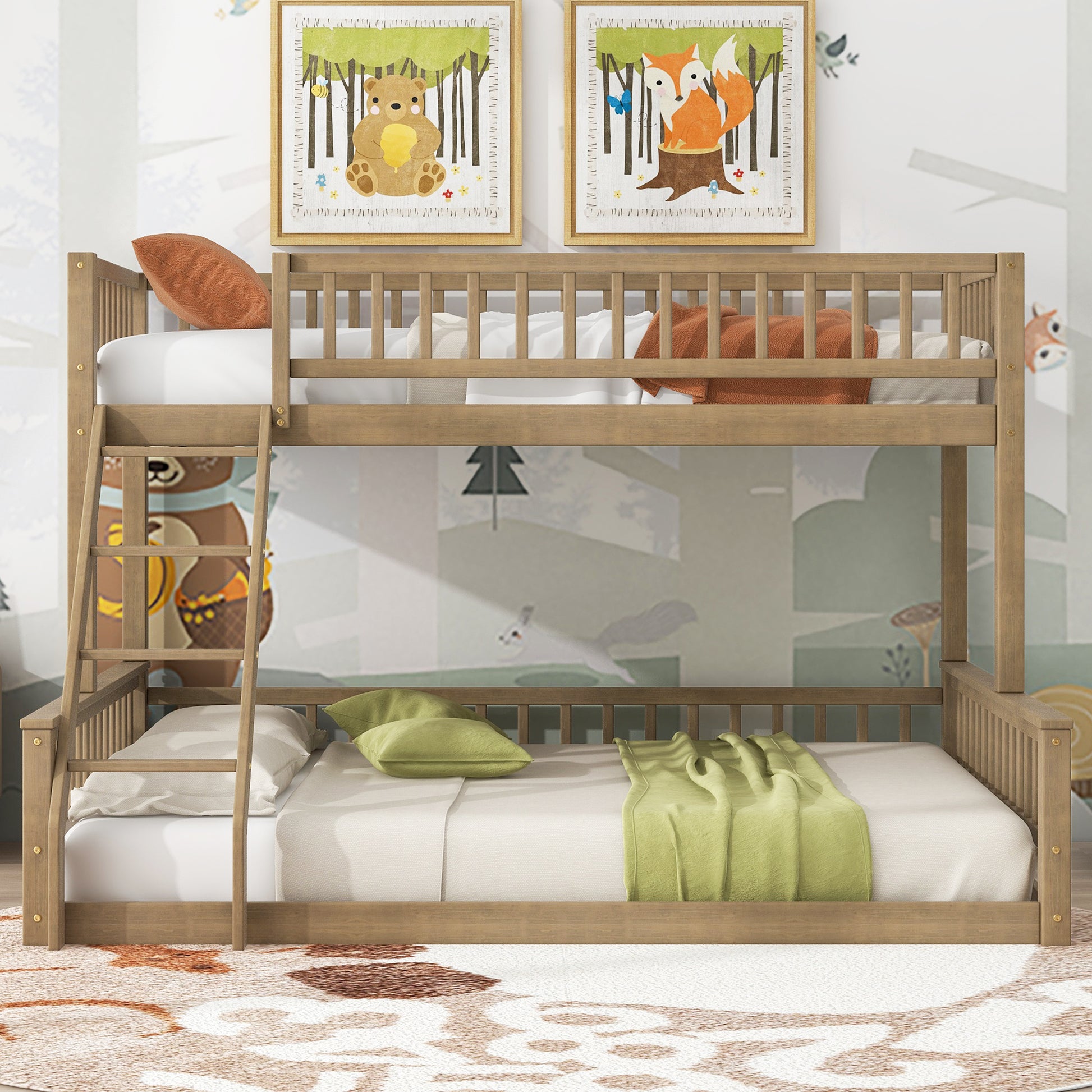 Twin Xl Over Queen Bunk Bed With Ladder And Guardrails, Walnut Expected Arrival Time: 10.27 Box Spring Not Required Twin Xl Walnut Wood Bunk Solid Wood Mdf