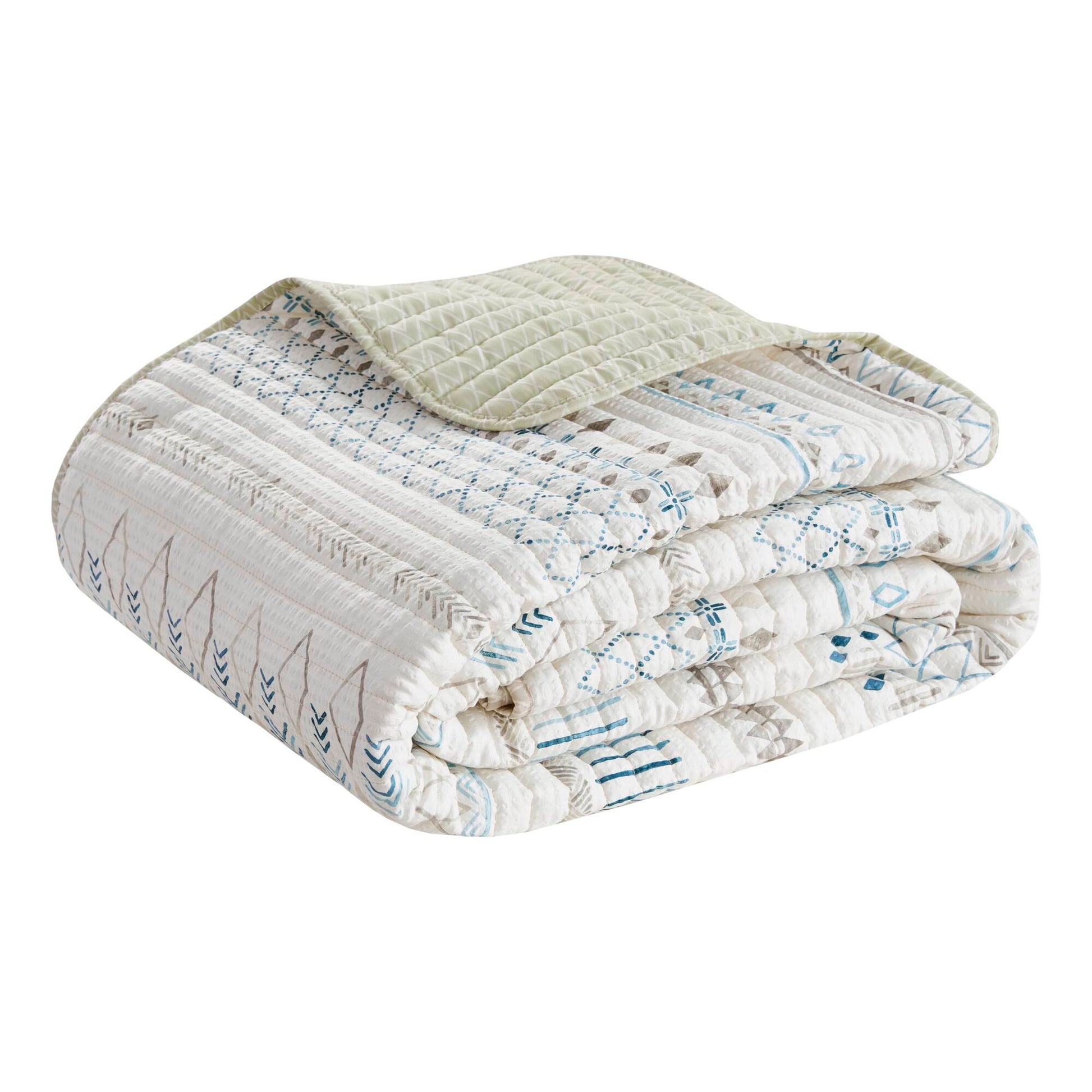 3 Piece Printed Microfiber Seersucker Quilt Set Taupe Blue Full Queen Full Taupe Blue Polyester