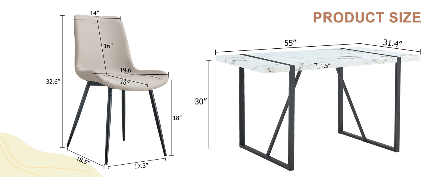 Table And Chair Set.A Modern Minimalist White Marble Veined Mdf Dining Table With Metal Frame.Paried With 4 Chairs With Pu Cushions And Black Metal Legs. Light Gray,White Seats 4 Mdf Metal