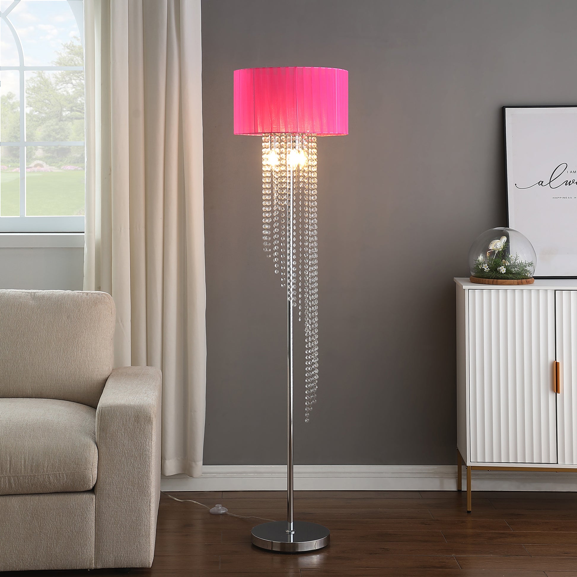 65.75"H Sheer Hot Pink Drum Shade Rain Crystal Chrome Metal Floor Lamp For Living Room, Standing Lamp For Bedroom Multicolor Metal