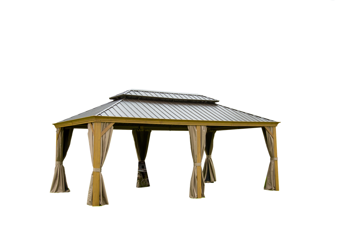 Outdoor Living 14X20Ft Hardtop Gazebo, Permanent Metal Gazebo With Galvanized Steel Double Roof And Aluminum Frame, Curtain And Netting, Large Pavilion Gazebo, Wood Looking Yellow Brown Aluminium