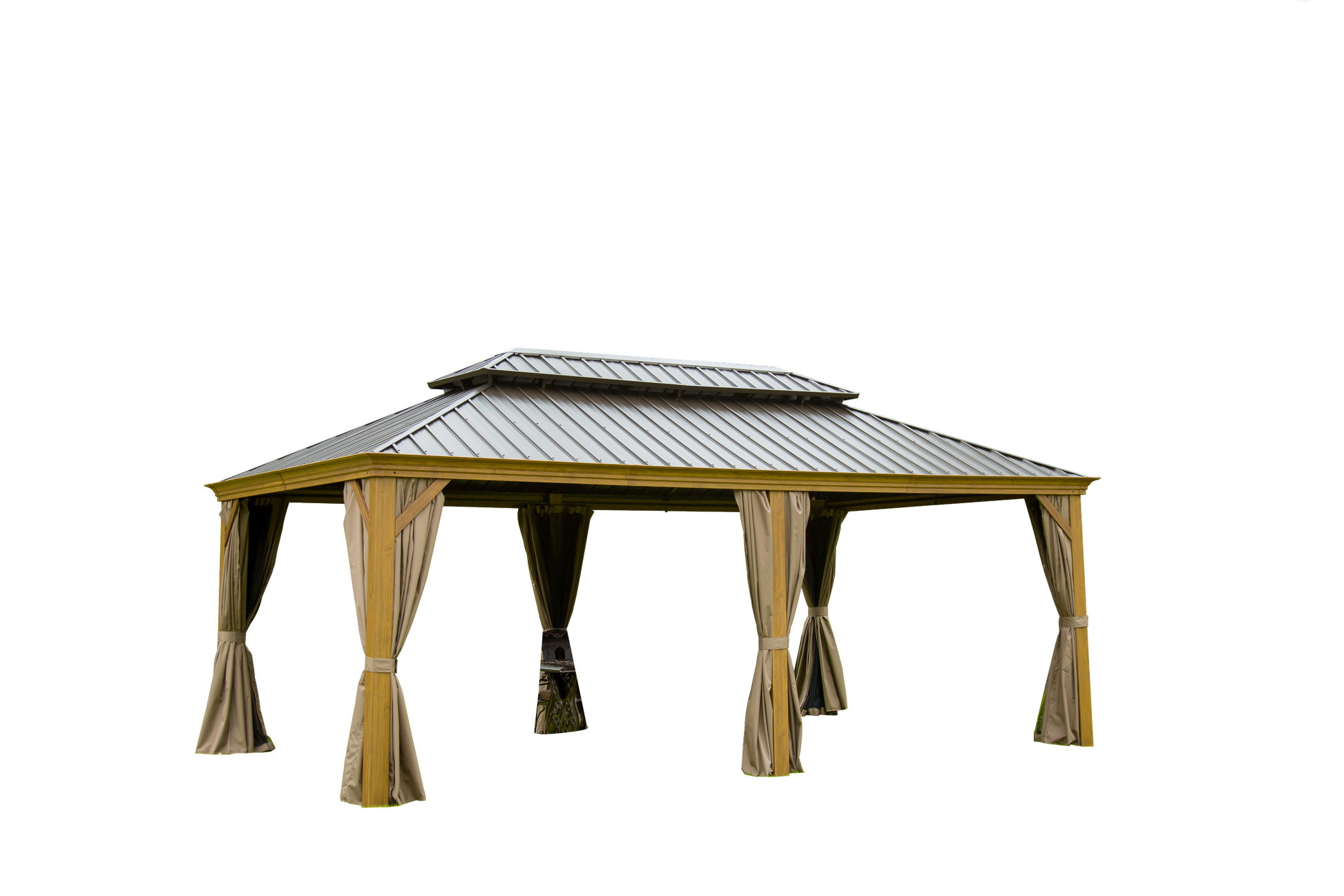 Outdoor Living 14X20Ft Hardtop Gazebo, Permanent Metal Gazebo With Galvanized Steel Double Roof And Aluminum Frame, Curtain And Netting, Large Pavilion Gazebo, Wood Looking Yellow Brown Aluminium
