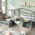 Wood House Bed Twin Size, 2 Twin Solid Bed L Structure With Fence And Slatted Frame, Gray Twin Gray Plywood