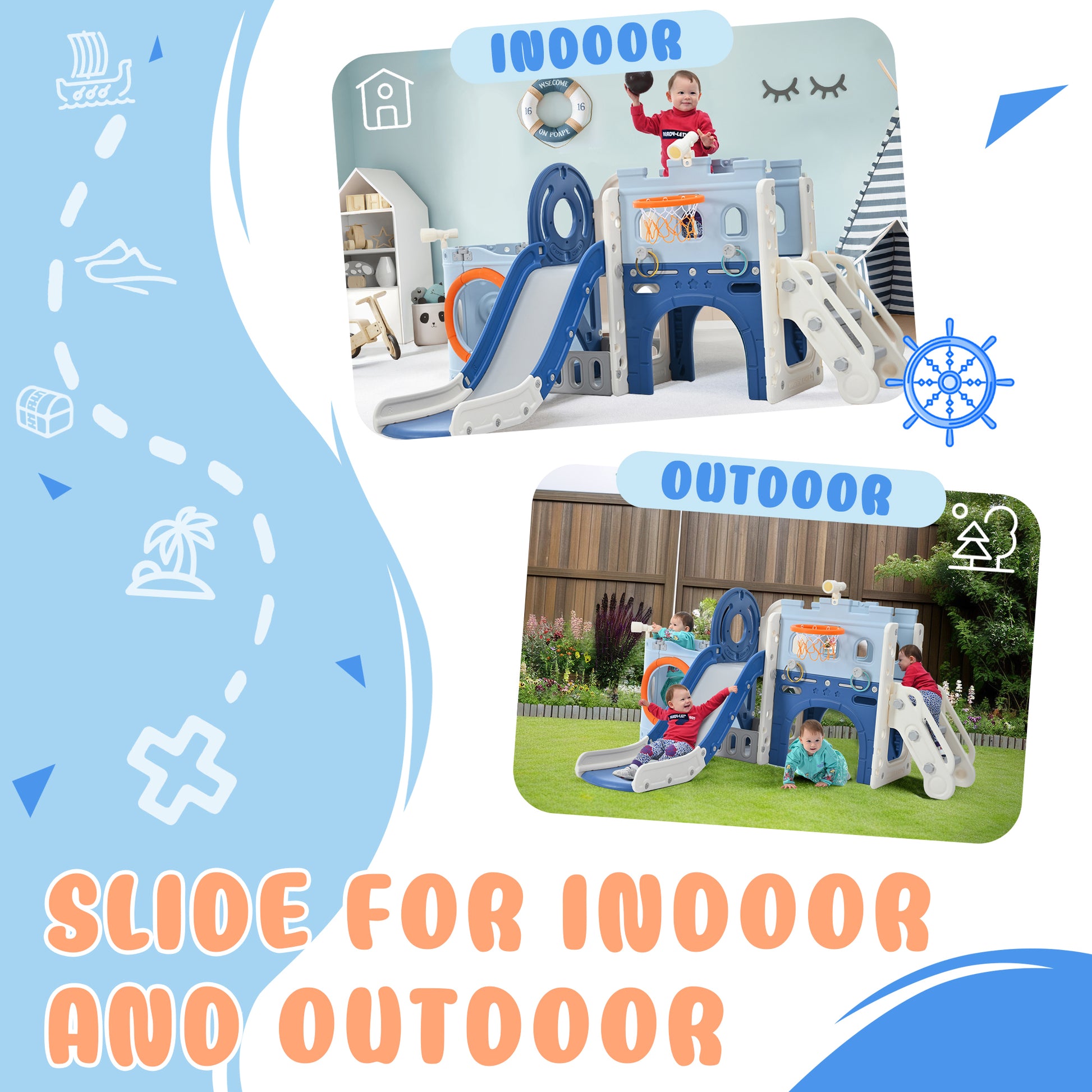 10 1 Toddler Slide Set,Kids Slide For Toddlers Ages 1 , Basketball Hoop, Tunnel And Storage Space, Pirate Themed Slide With Head Indoor& Outdoor Blue 100 149 Lbs Cute 1 To 2 Years Hdpe Indoor & Outdoor Use