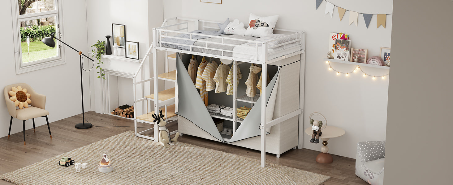 Twin Size Metal Loft Bed With Wardrobe And Storage Shelves, White Box Spring Not Required Twin White Metal Mdf Metal