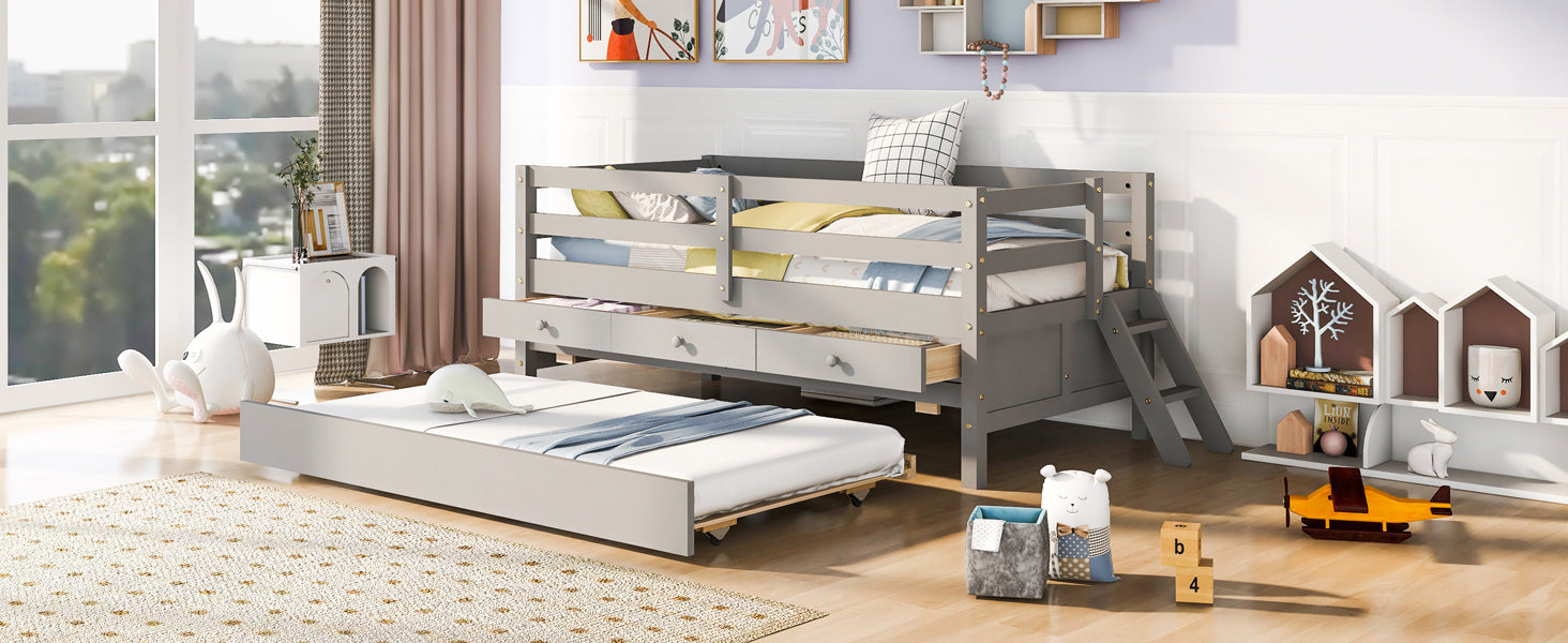 Low Loft Bed Twin Size With Full Safety Fence, Climbing Ladder, Storage Drawers And Trundle Gray Solid Wood Bed Gray Solid Wood