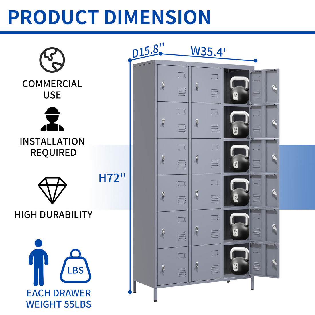 18 Door 72"H Metal Lockers With Lock For Employees,Storage Locker Cabinet For Home Gym Office School Garage,Easy Assembly,Gray 5 Or More Spaces Gray Primary Living Space Door Locks Modern Metal