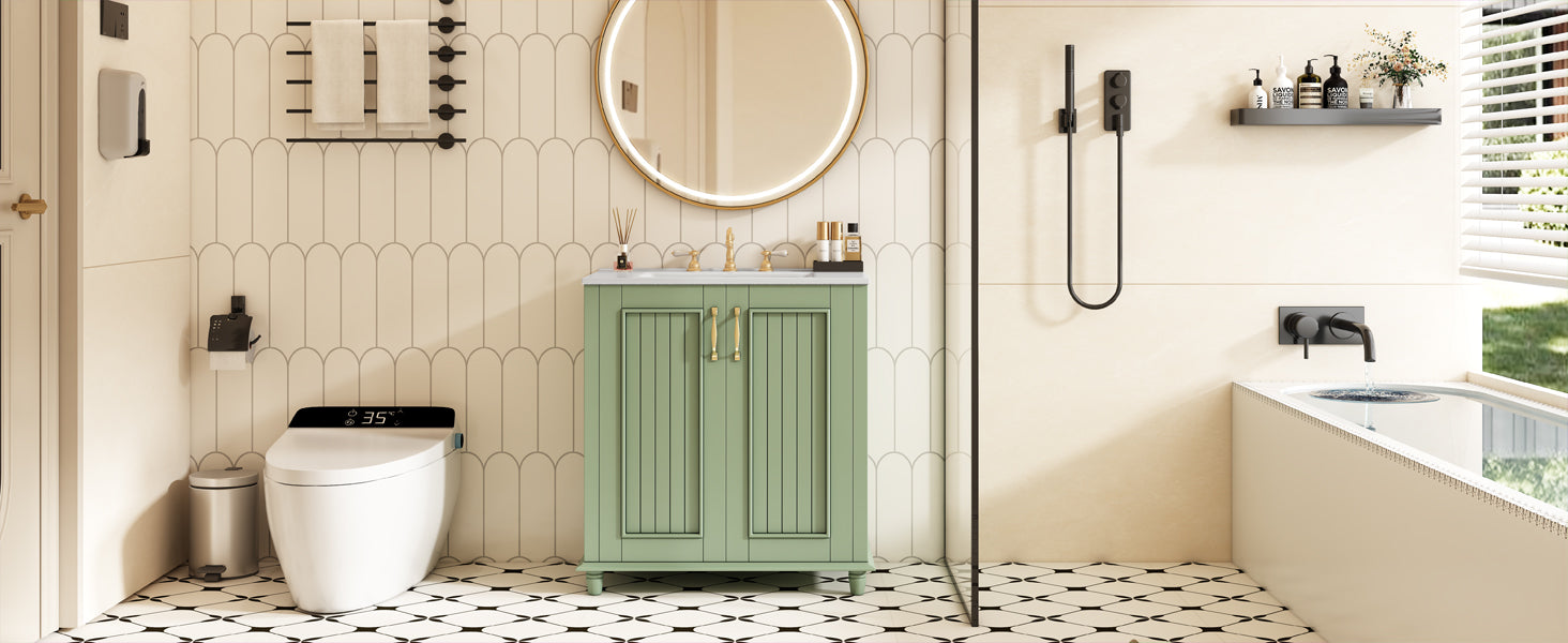 30 Inch Bathroom Vanity With Resin Sink, Freestanding Bathroom Vanity Set With Hidden Drawer, Storage Cabinet For Bathroom, Solid Wood Frame Bathroom Cabinet Green Bathroom Modern Solid Wood Mdf Resin