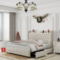 Queen Size Bed Frame With 4 Drawers, Star Projector Galaxy Light, Wingback Upholstered Headboard With Diamond Button, Usb Charger And Music Speaker, Pu Leather Cream Mdf Metal