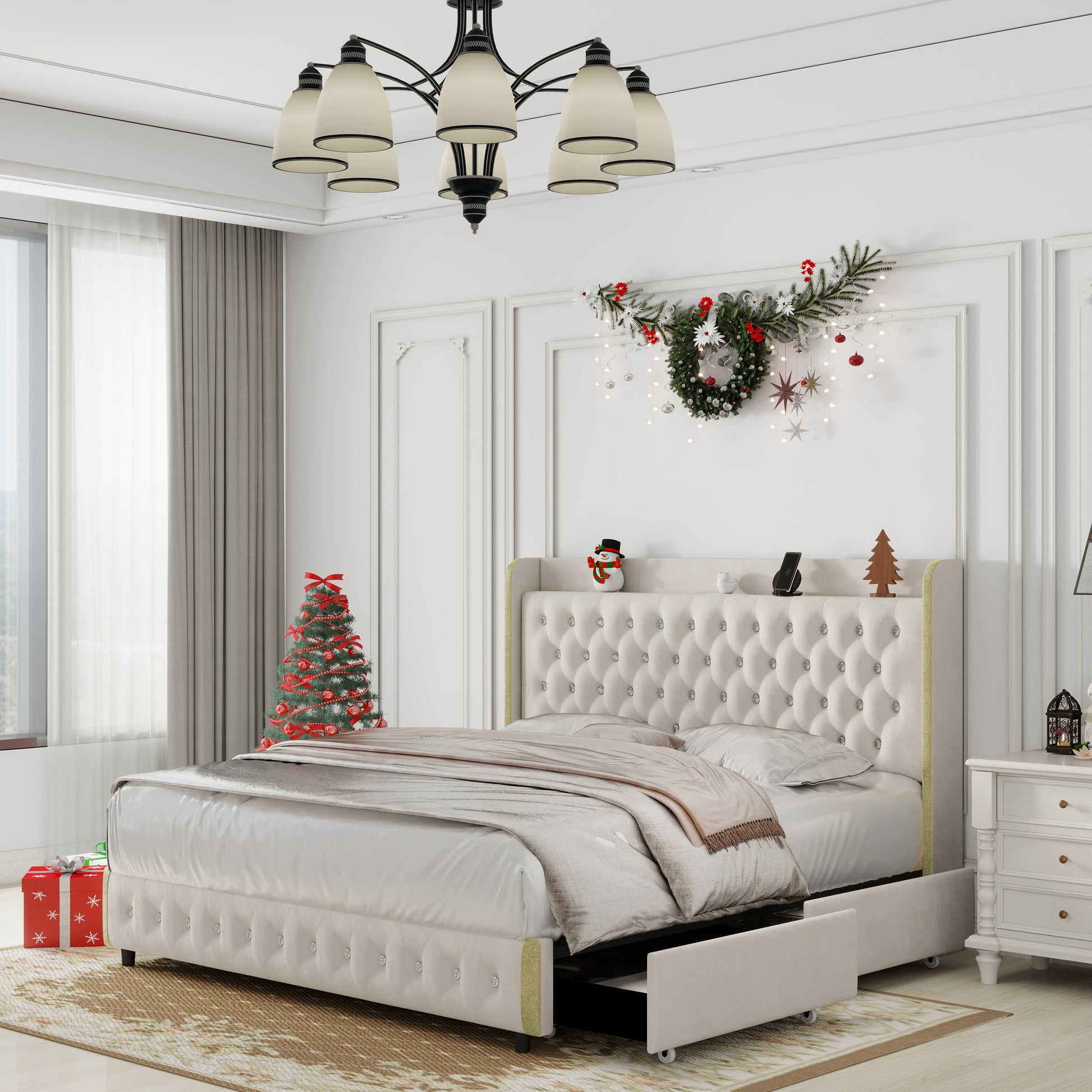 Queen Size Bed Frame With 4 Drawers, Star Projector Galaxy Light, Wingback Upholstered Headboard With Diamond Button, Usb Charger And Music Speaker, Pu Leather Cream Mdf Metal