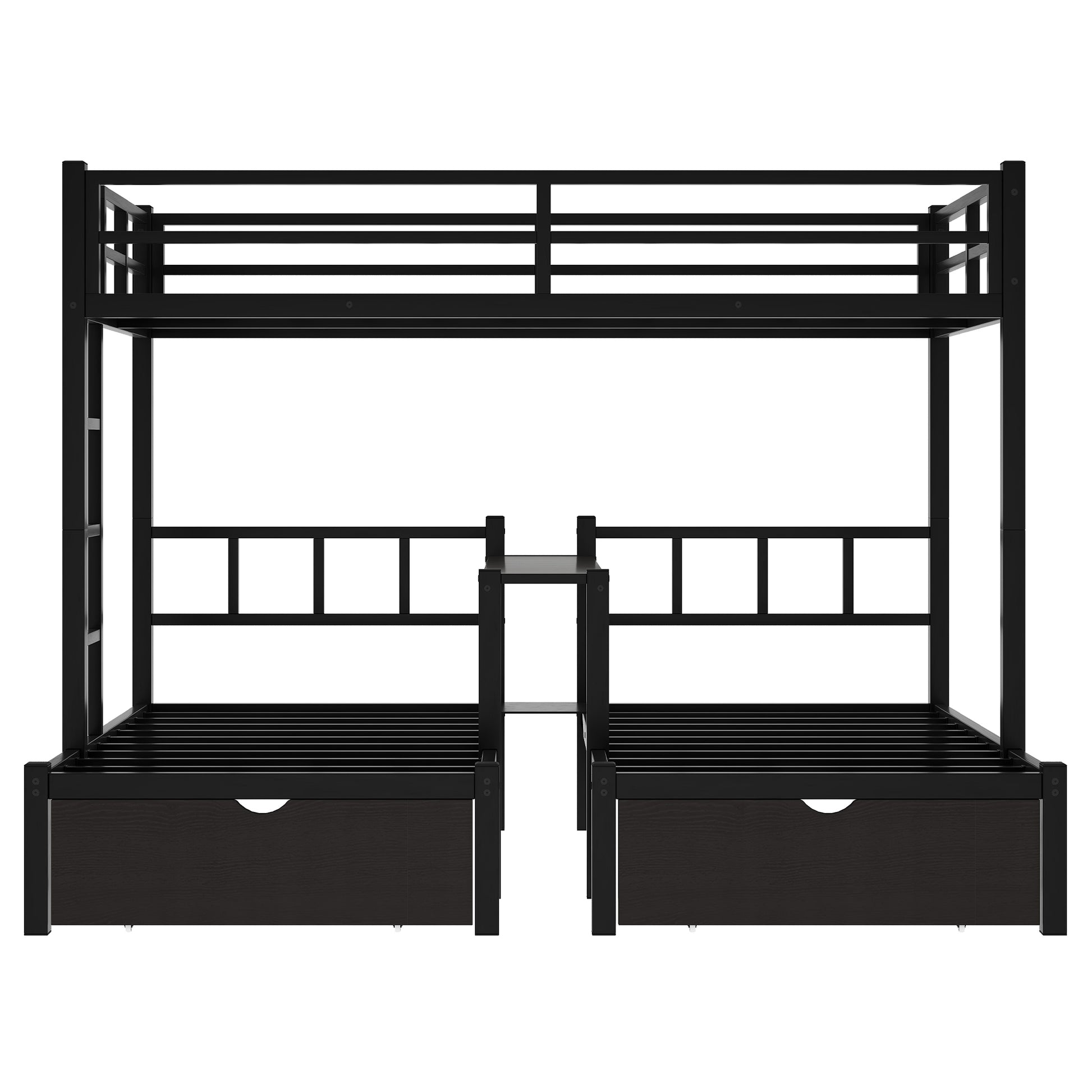 Full Xl Over Twin & Twin Triple Bunk Bed With Drawers, Multi Functional Metal Frame Bed With Desks And Shelves In The Middle, Black Full Xl Black Metal