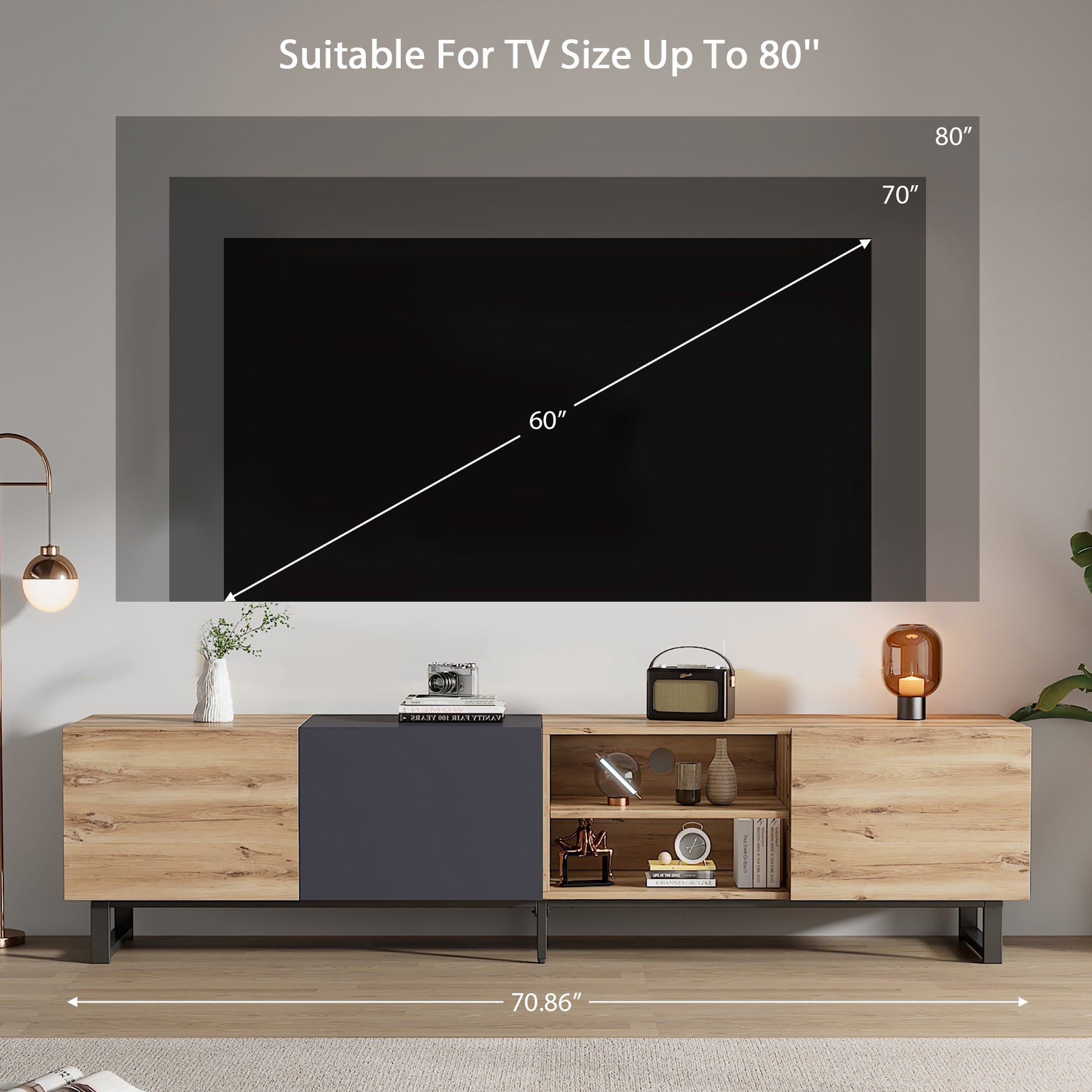 Modern Tv With 3 Cabinets& Open Shelves, Color Matching Media Console Table For Tvs Up To 80'', Entertainment Center With Drop Down Door For Living Room, Bedroom, Home Theatre Wood Brown Primary