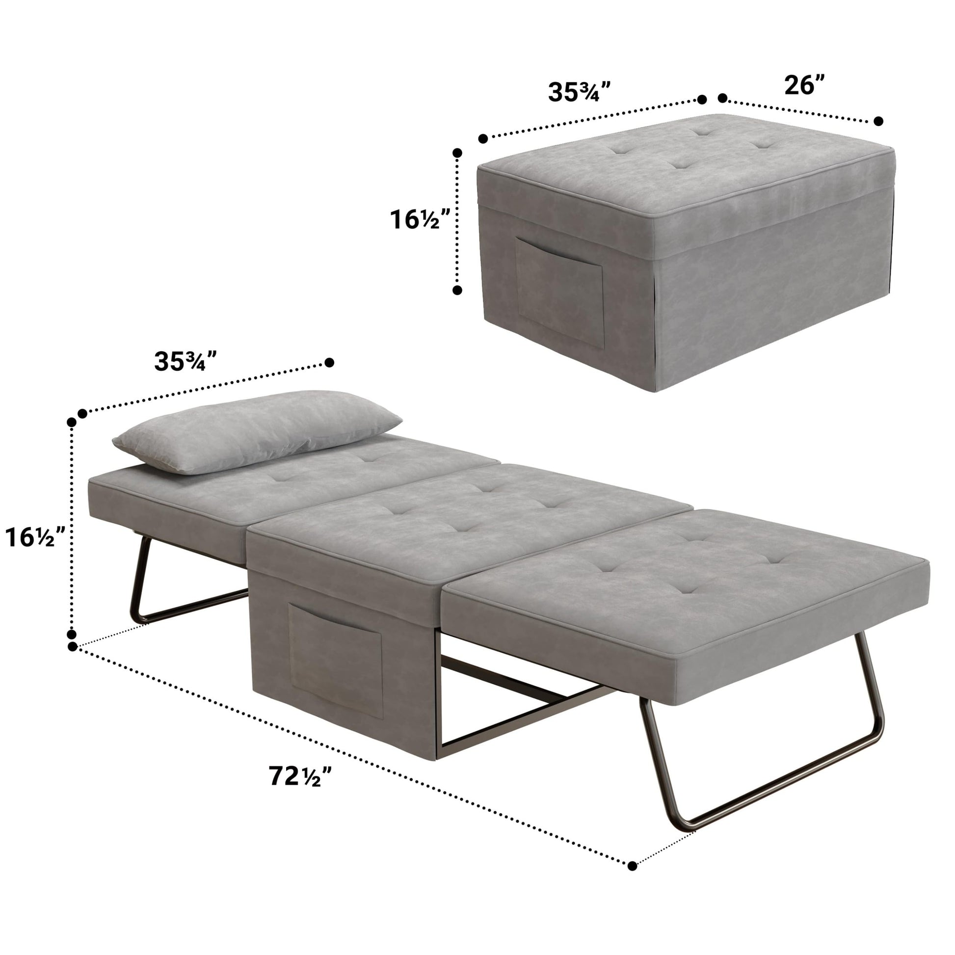 Sofa Bed,Chair Bed,Sleeper Couch,4 In 1 Multi Function Folding Ottoman Bed With Slide Storagepocket For Living Room,Bedroom,Hallway,Light Grey Light Gray Espresso Bedroom Mid Century Modern Oak Upholstered Fabric