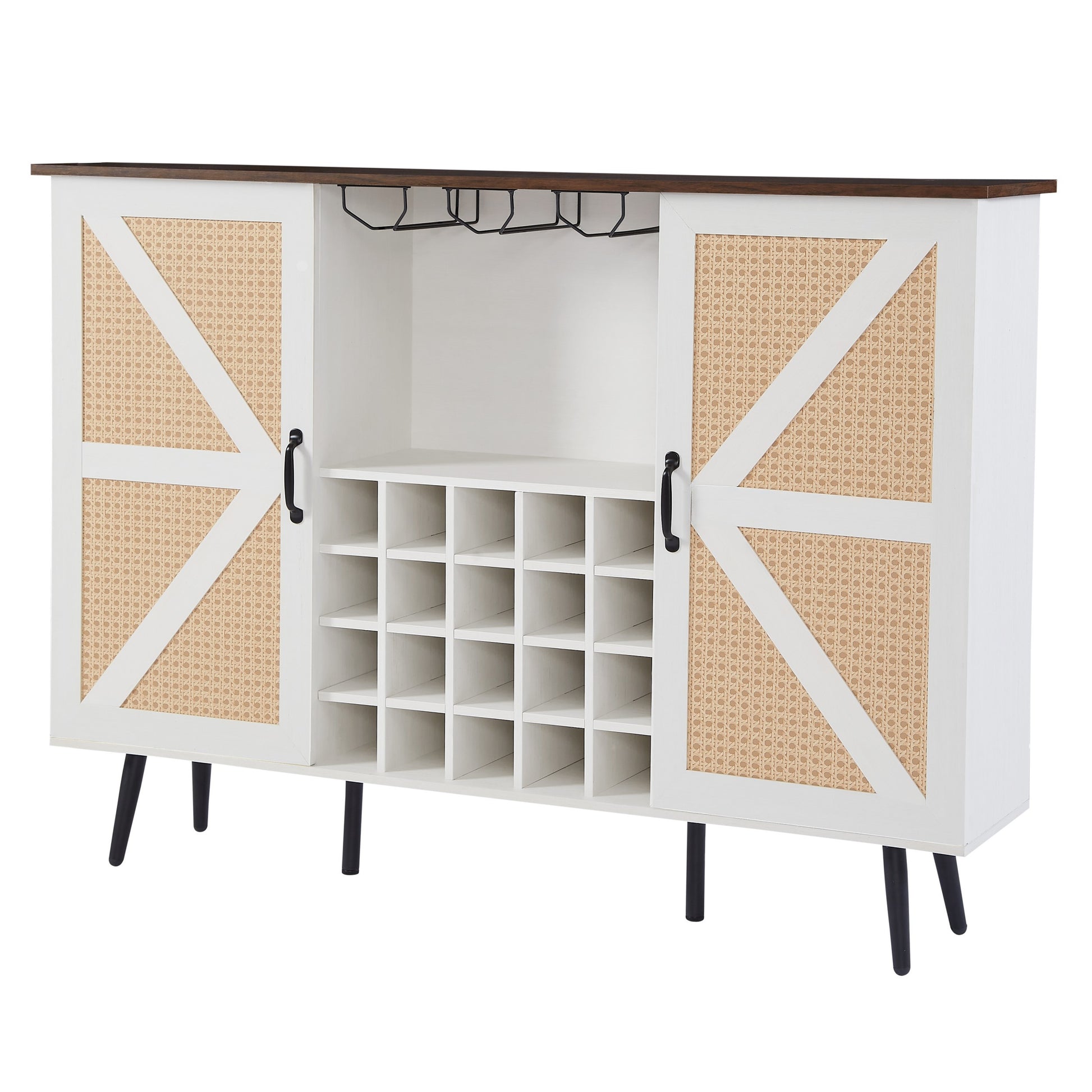 White Faux Rattan Barn Door Wine Cabinet With Wine Rack And Wine Glass Rack, Double Door Design With Removable Shelves, Rustic Wood Storage Cabinet White Walnut Particle Board Mdf