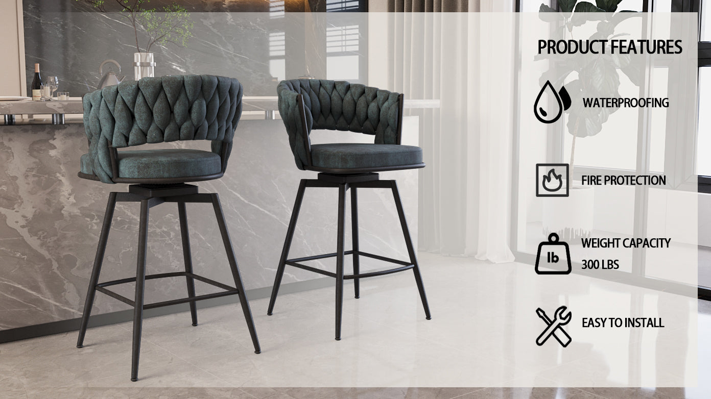 Bar Chair Suede Woven Bar Stool Set Of 4,Black Legs Barstools No Adjustable Kitchen Island Chairs,360 Swivel Bar Stools Upholstered Bar Chair Counter Stool Arm Chairs With Back Footrest, Blue Metal Blue Kitchen Dining Chairs Foam Technical Leather