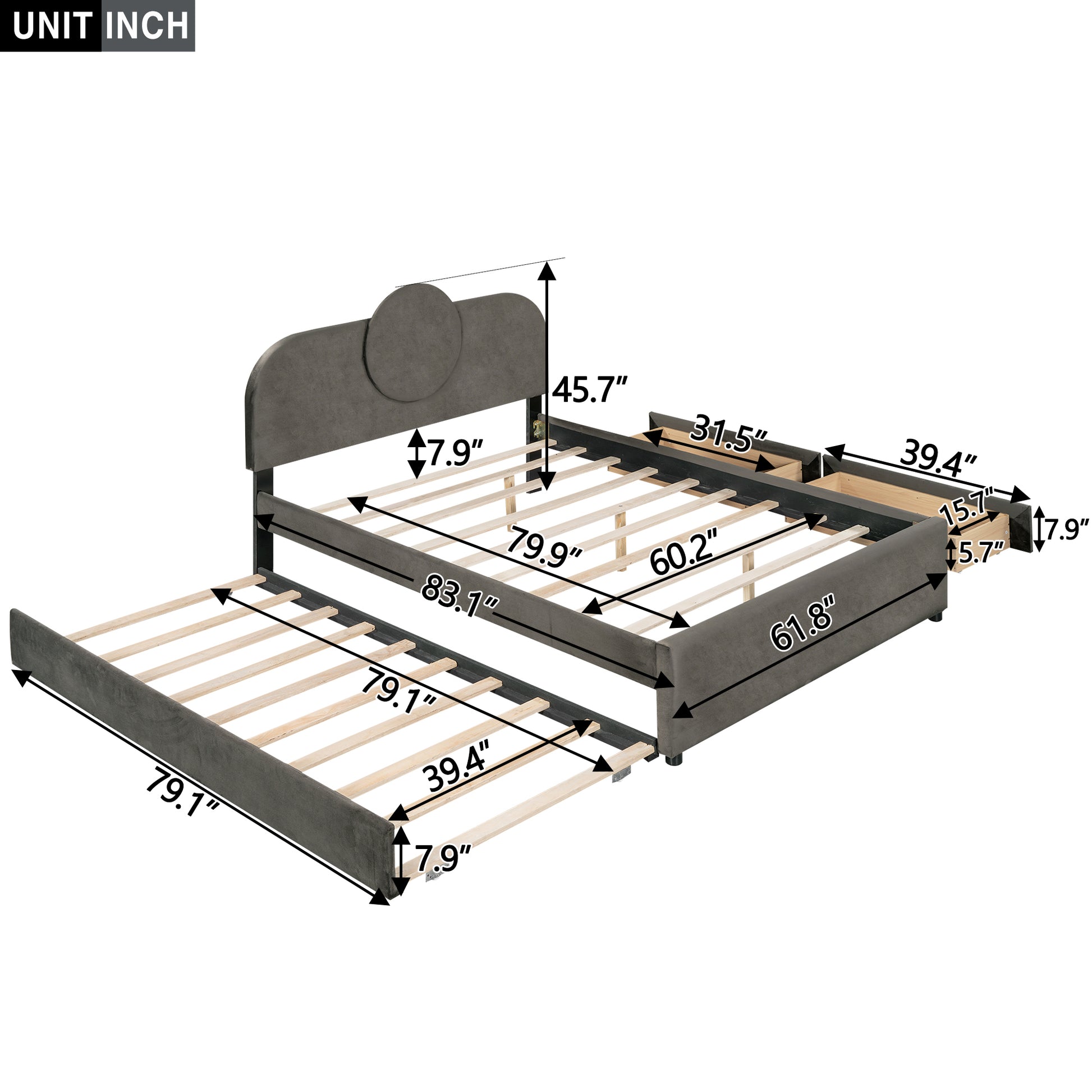 Queen Size Upholstered Platform Bed With Multi Functional Headboard, Trundle And 2 Drawers, Gray Box Spring Not Required Queen Gray Wood Bedroom Upholstered