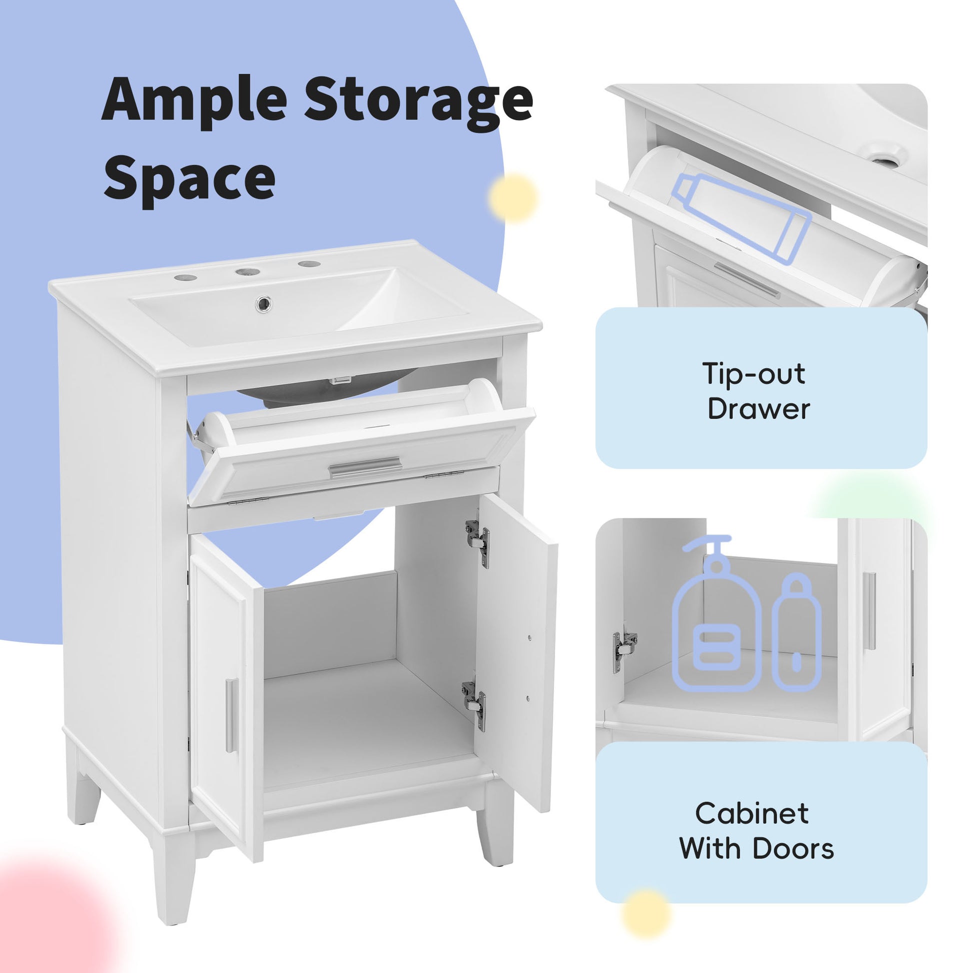 24" Bathroom Vanity With Sink, Bathroom Vanity Cabinet With One Flip Drawer And Doors, Solid Wood And Mdf, White White Solid Wood Mdf