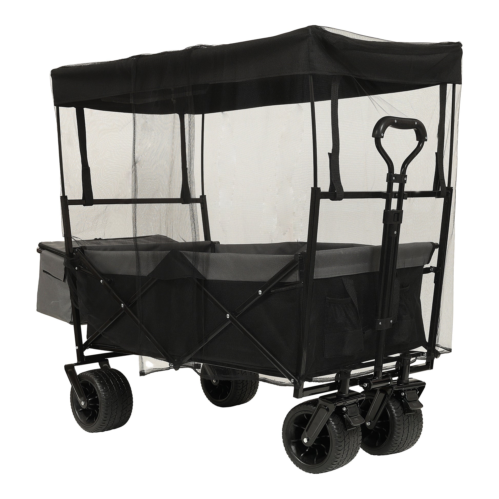 480Lbs Collapsible Wagon With Canopy,Wagon Stroller With 7" All Terrain Wheels, Lightweight Foldable Wagon, Large Capacity For Camping, Shopping, Sports, And Garden Use,Black With Mosquito Net Black
