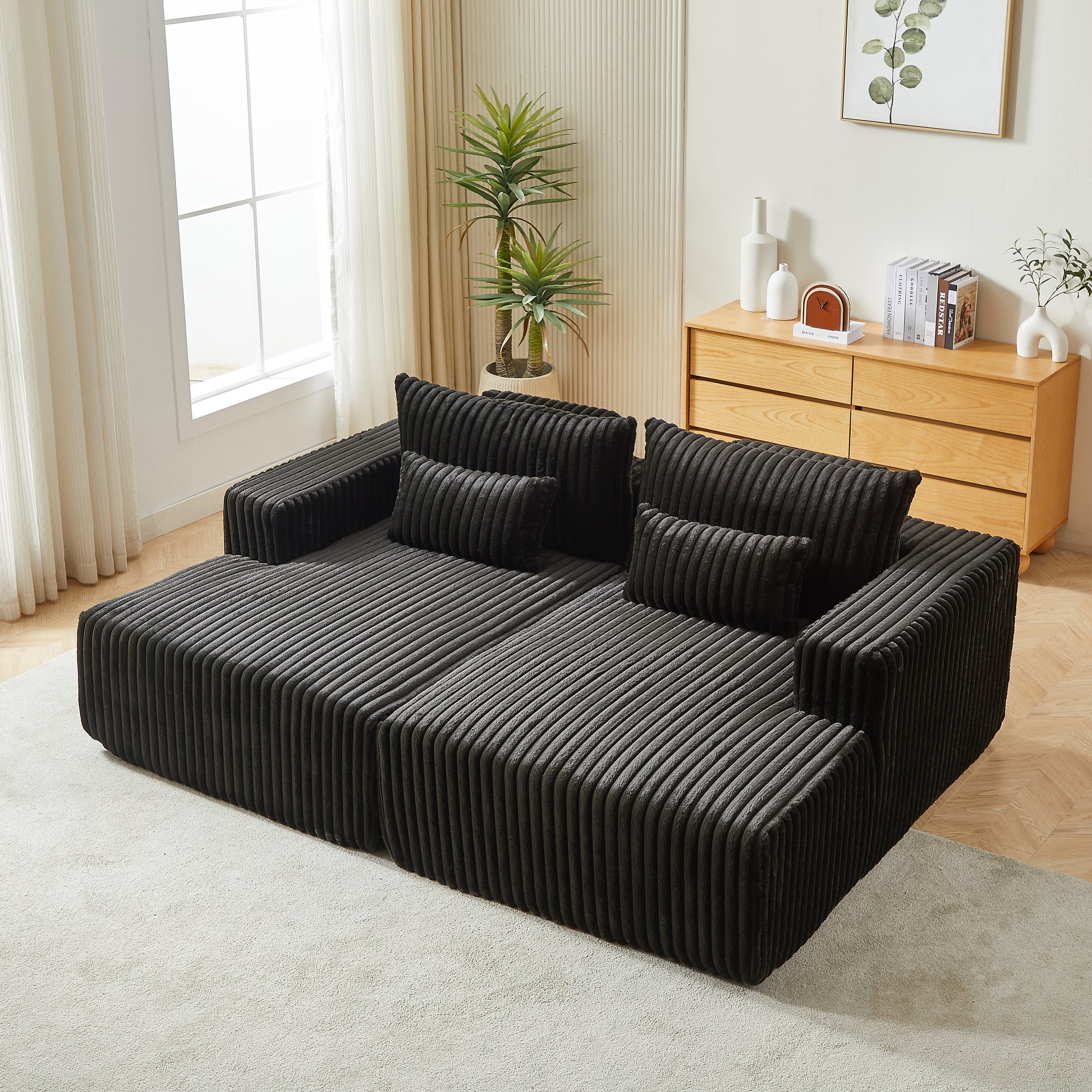 87" Oversized Sectional Lounge Chaise ,No Assembly Required,Cloud Plush Loveseat With Reclining Sofa Bed,Fluffy Modern Sleeper Chair For Indoor Living Room Bedroom Black Corduroy 2 Seat